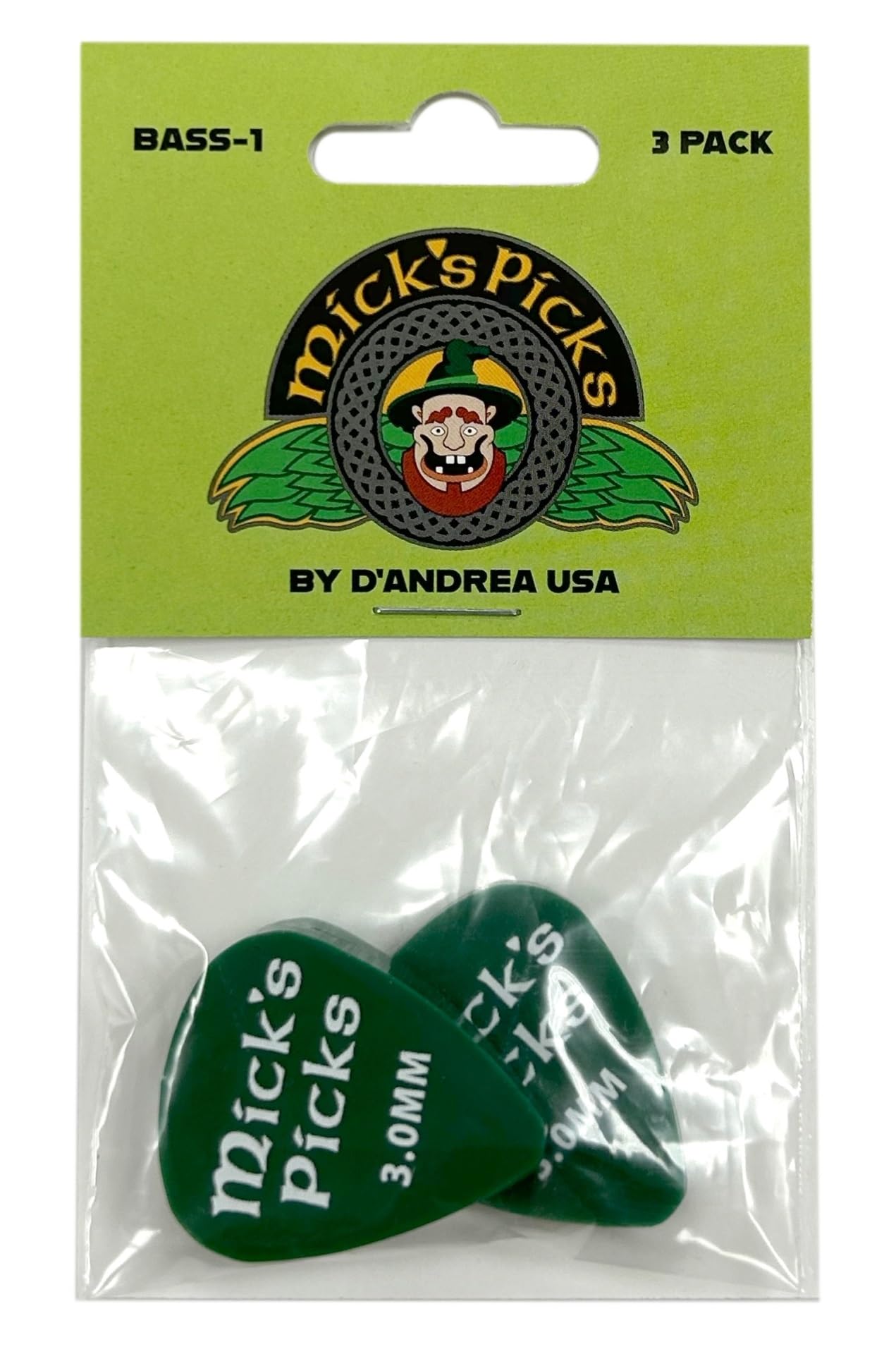D'Andrea Mick's Picks Bass 1-351 Shape (BASS-1), 3 pcs Pick Pack, 3.00 mm, Green