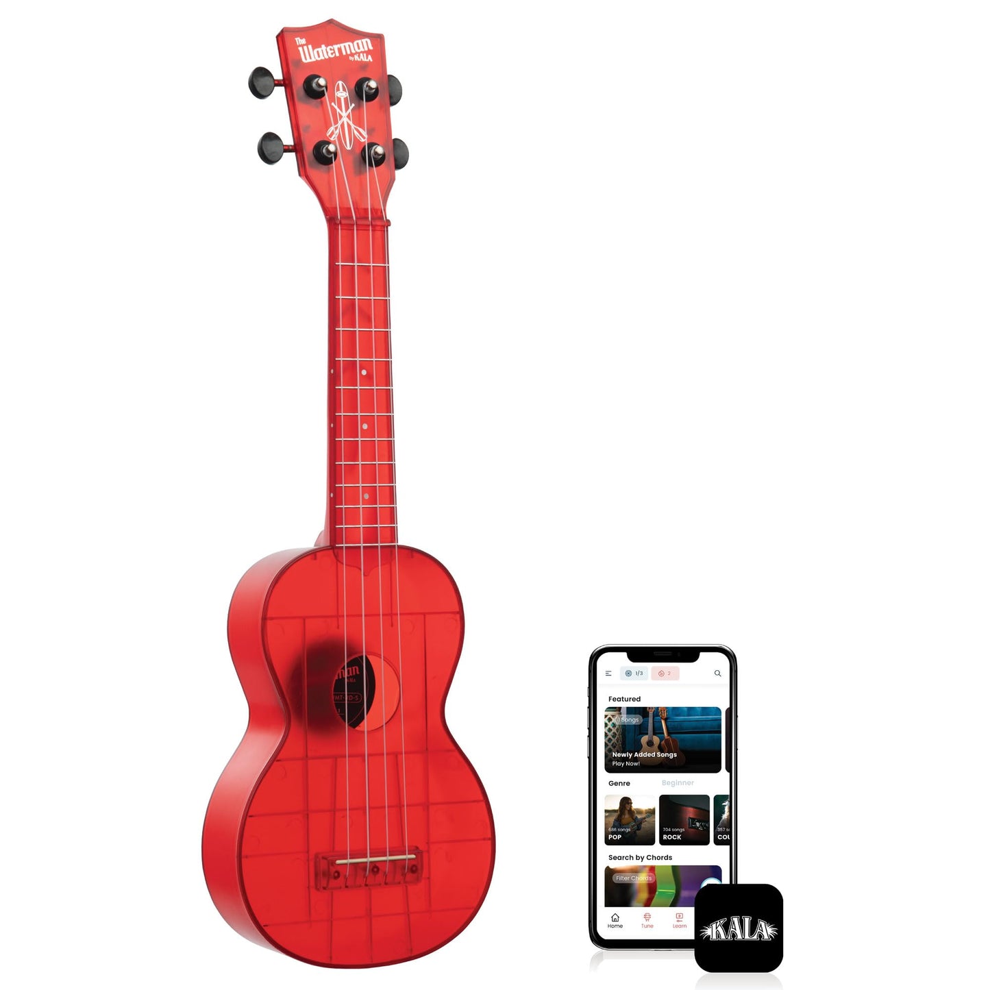 Kala Ukulele Maritime Red 4 String Soprano Ukulele from the Waterman Sea Glass Collection, Classroom Instruments for Kids Ages 3-5 and Adults