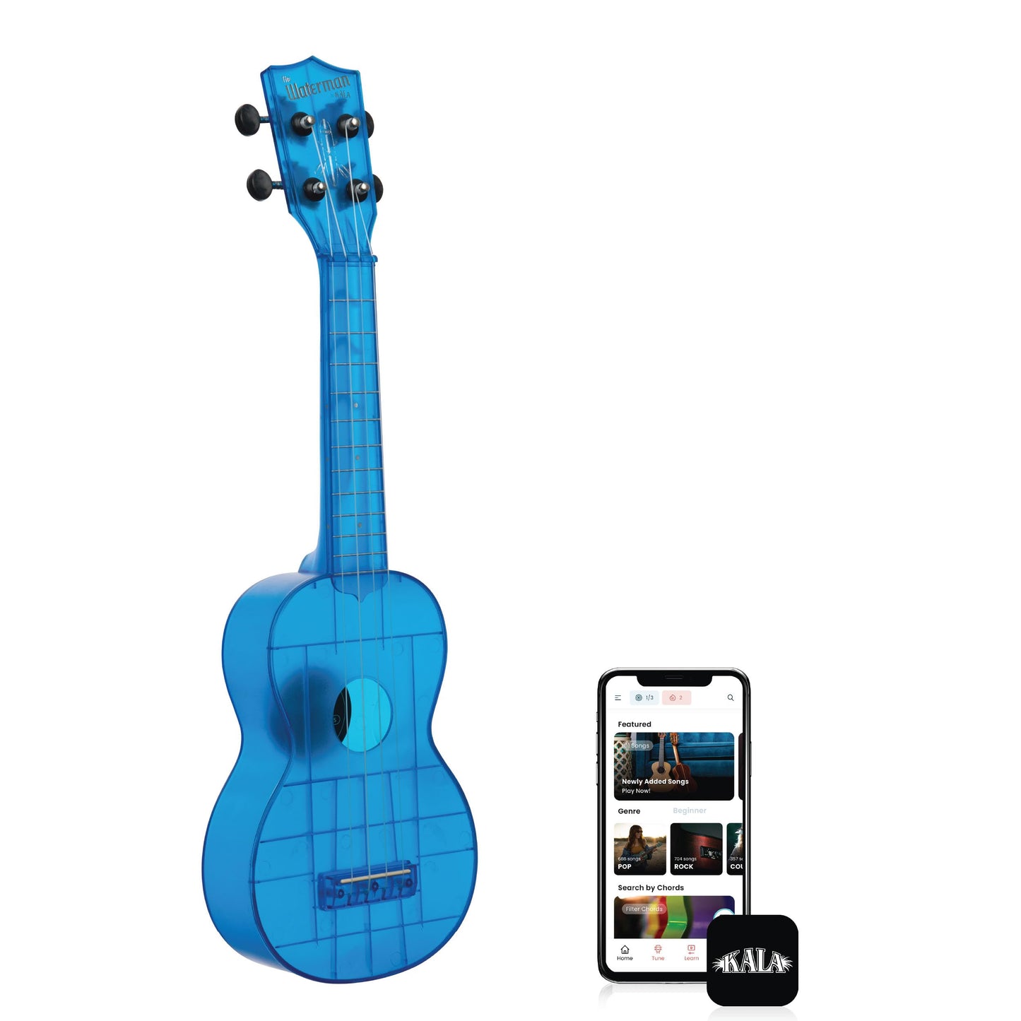 Kala Ukulele Cobalt Blue Glass 4 String Soprano Ukulele from the Waterman Sea Glass Collection, Classroom Instruments for Kids Ages 3-5 and Adults