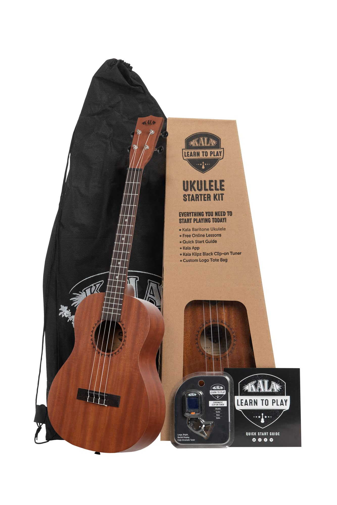 Official Kala Learn to Play Ukulele Baritone Starter Kit, Satin Mahogany – Includes online lessons, tuner app, and booklet (KALA-LTP-B)