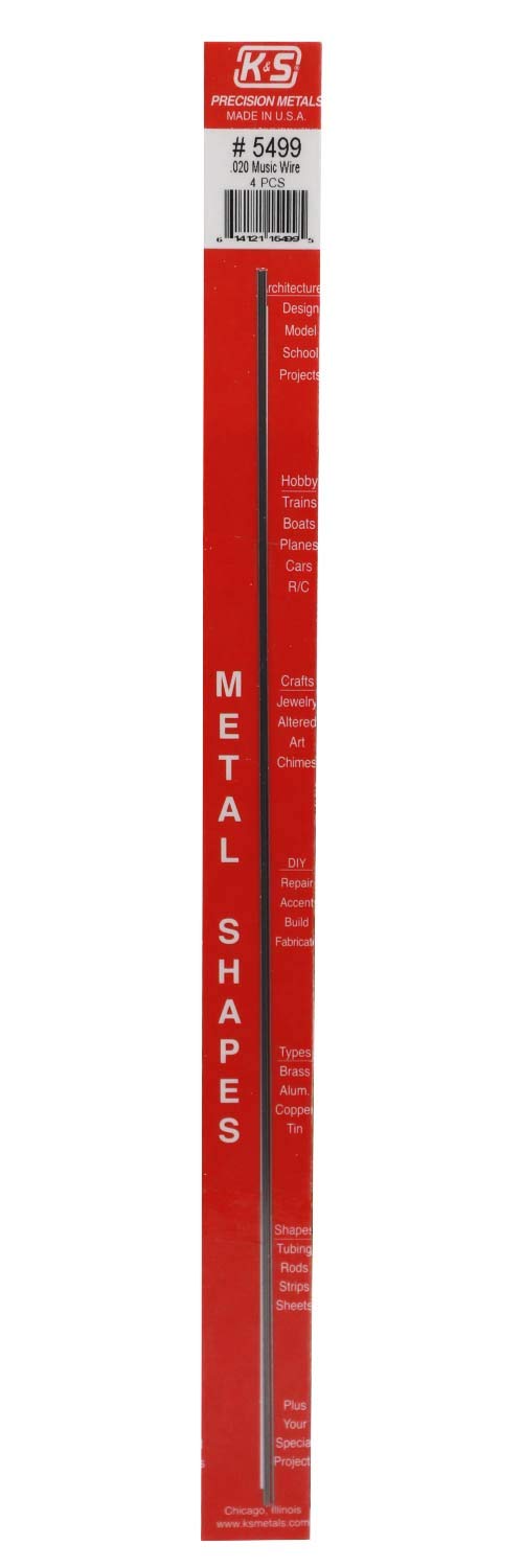 K&S Precision Metals Music Wire 5499 – 0.020" OD x 12" Long – High Tensile Strength for Crafts, Jewelry, Musical Applications, Made in USA, 4 Wires
