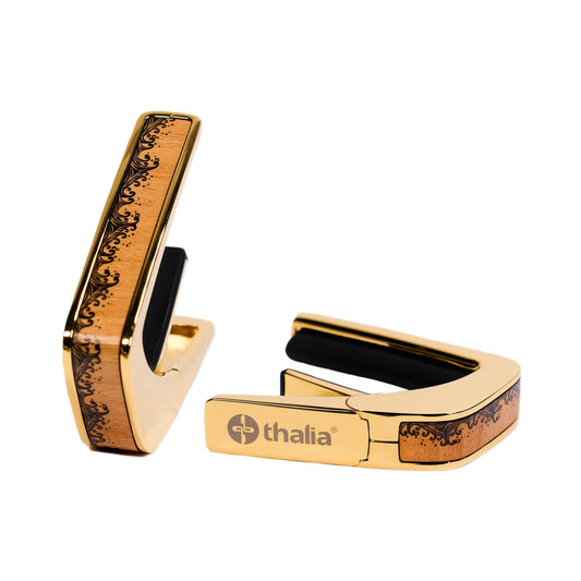 Thalia Guitar Capo - Deluxe Series (New Model with (2) Universal OctaveTouch Fret Pads) Gold - Flamed Maple Waves