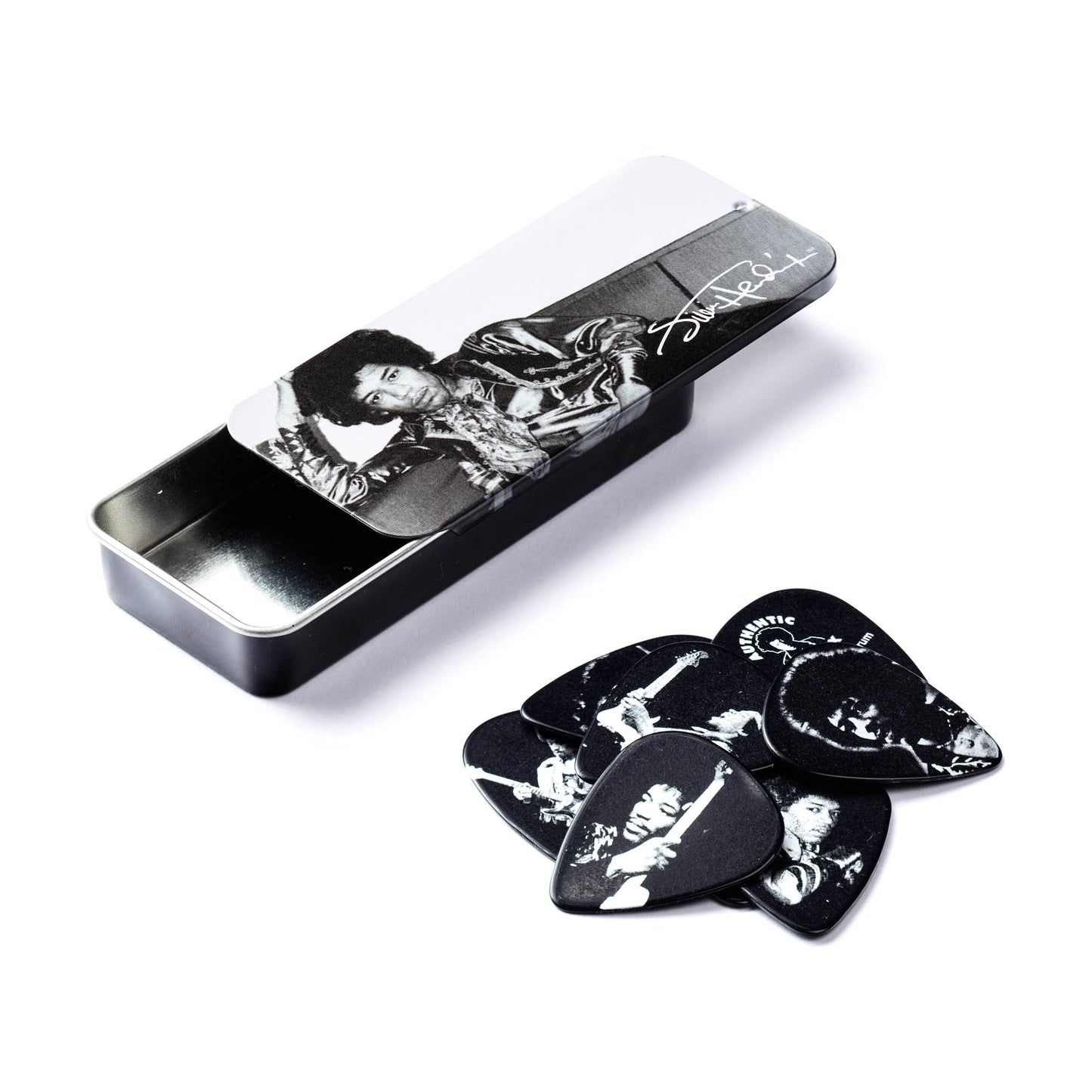 Jim Dunlop Jimi Hendrix Silver Portrait Series Pick Tin, Assorted, Heavy - 12 Picks/Tin
