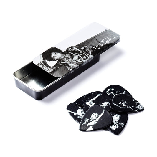 Jim Dunlop Jimi Hendrix Silver Portrait Series Pick Tin, Assorted, Heavy - 12 Picks/Tin