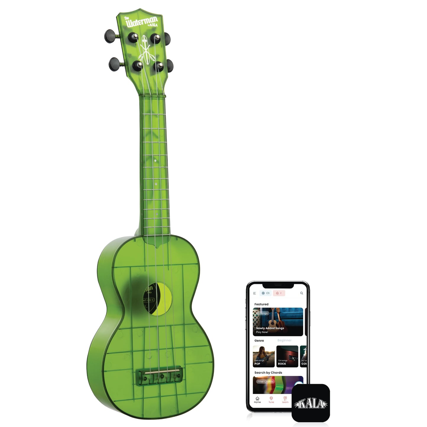 Kala Ukulele Jade Green Glass 4 String Soprano Ukulele from the Waterman Sea Glass Collection, Classroom Instruments for Kids Ages 3-5 and Adults