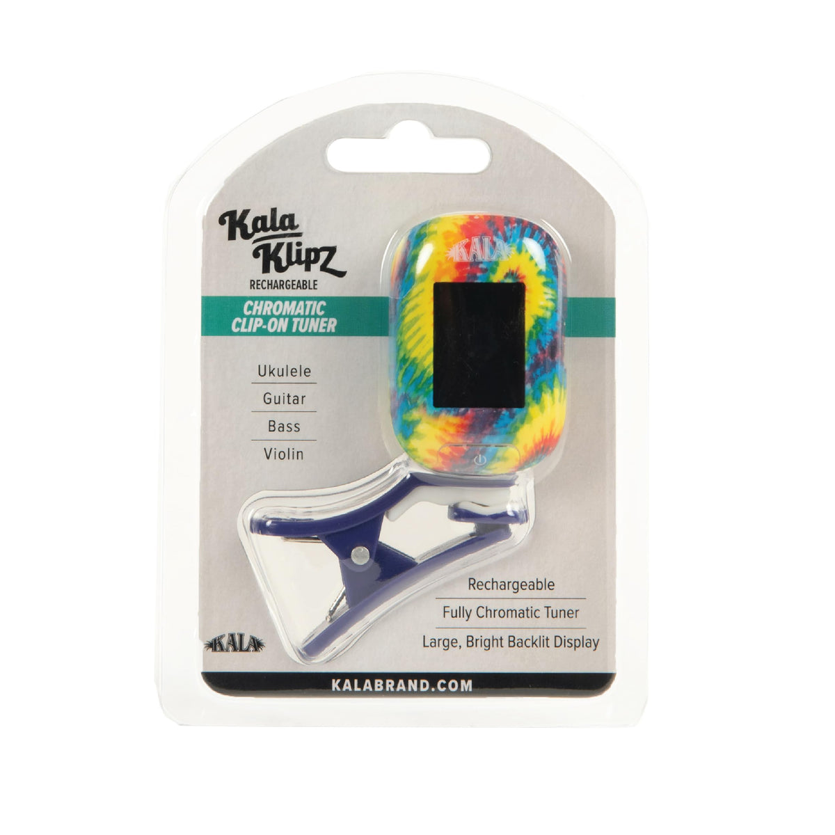 Kala Klipz USB-C Rechargeable Professional Clip On Tuner for Ukulele, Guitar, Bass, Violin, Mandolin, All String Instruments with Multi-Key Chromatic Tuning Modes and Vibration Sensor - Tie-Dye